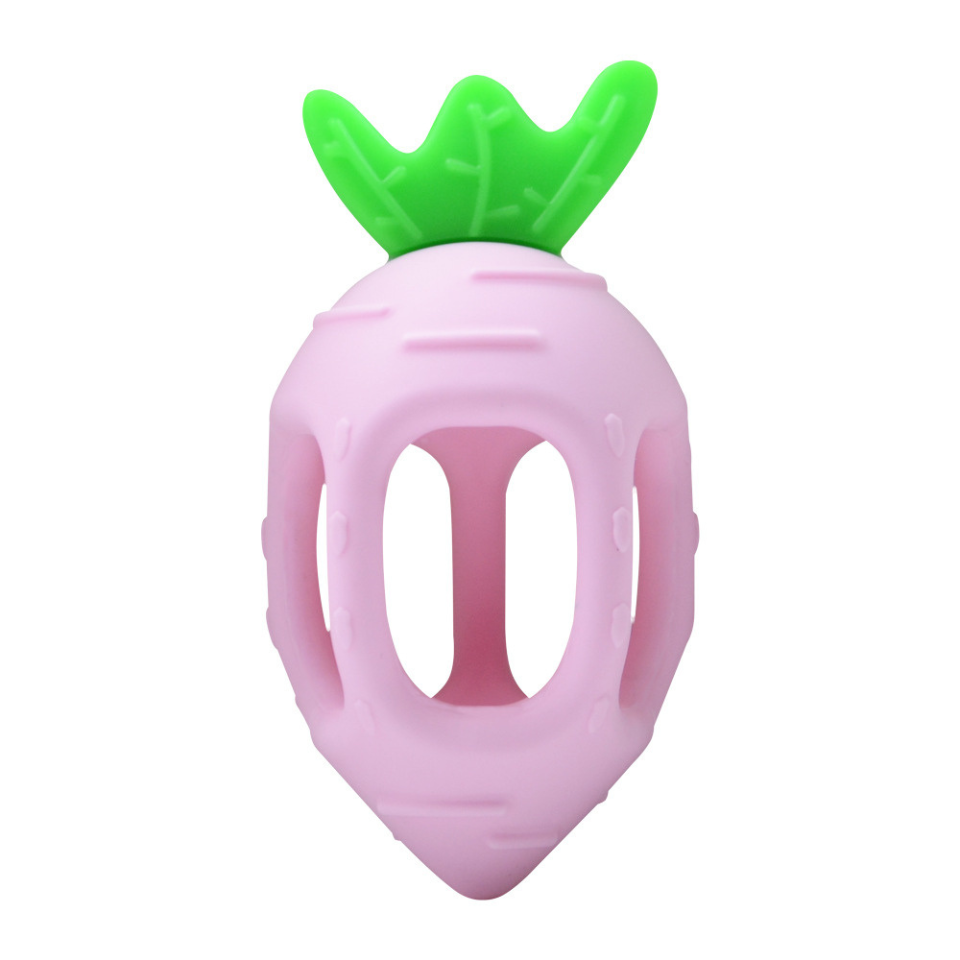 Senzorické kousátko logopedická hračka silikonový s úchyty pro dítě ředkvička růžové