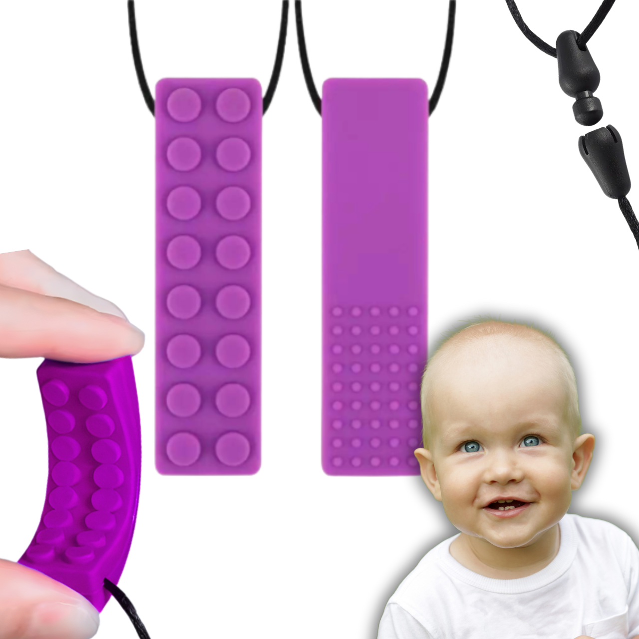 Logopedické kousátko senzorické terapeutické náhrdelník ve tvaru kostky silikonový fialový