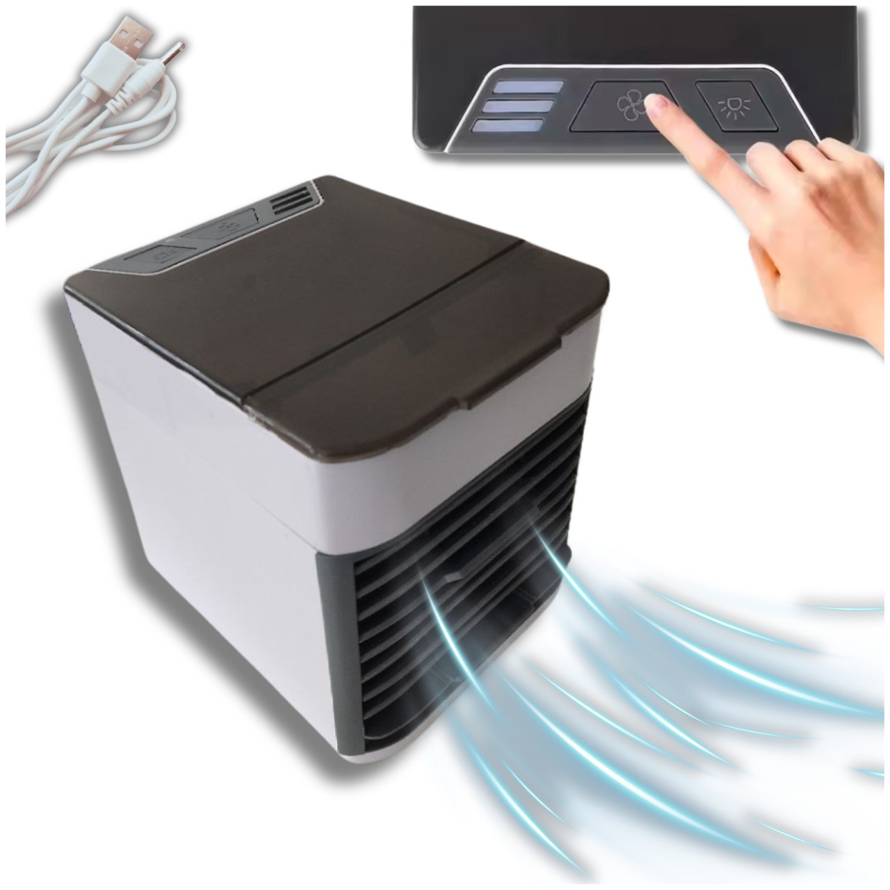 Mini klimatizér na vodu a led USB přenosný malý ventilátor a zvlhčovač 3v1