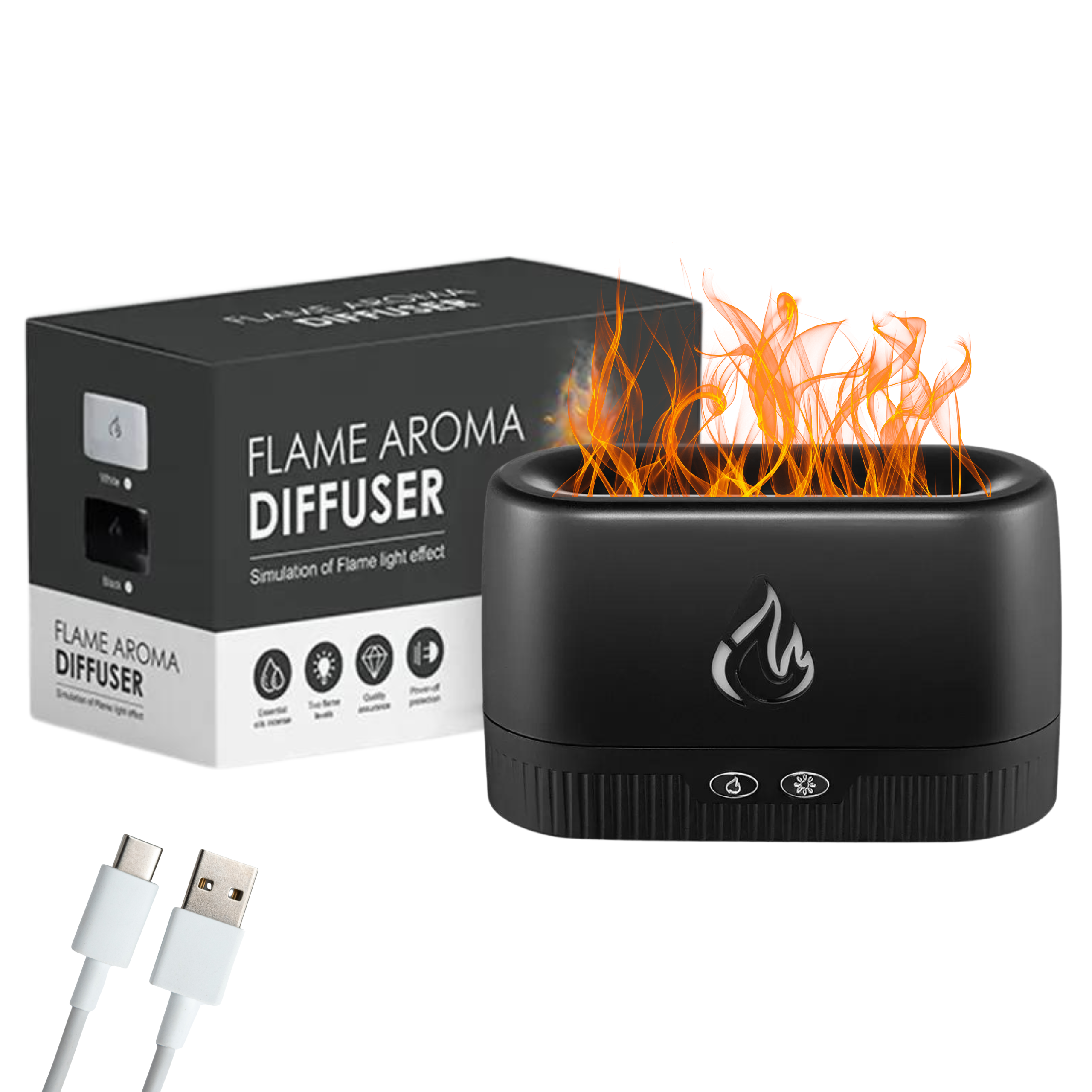 Zvlhčovač vzduchu noční lampa aroma difuzér aromaterapeutický krb efekt simulace plamene černý