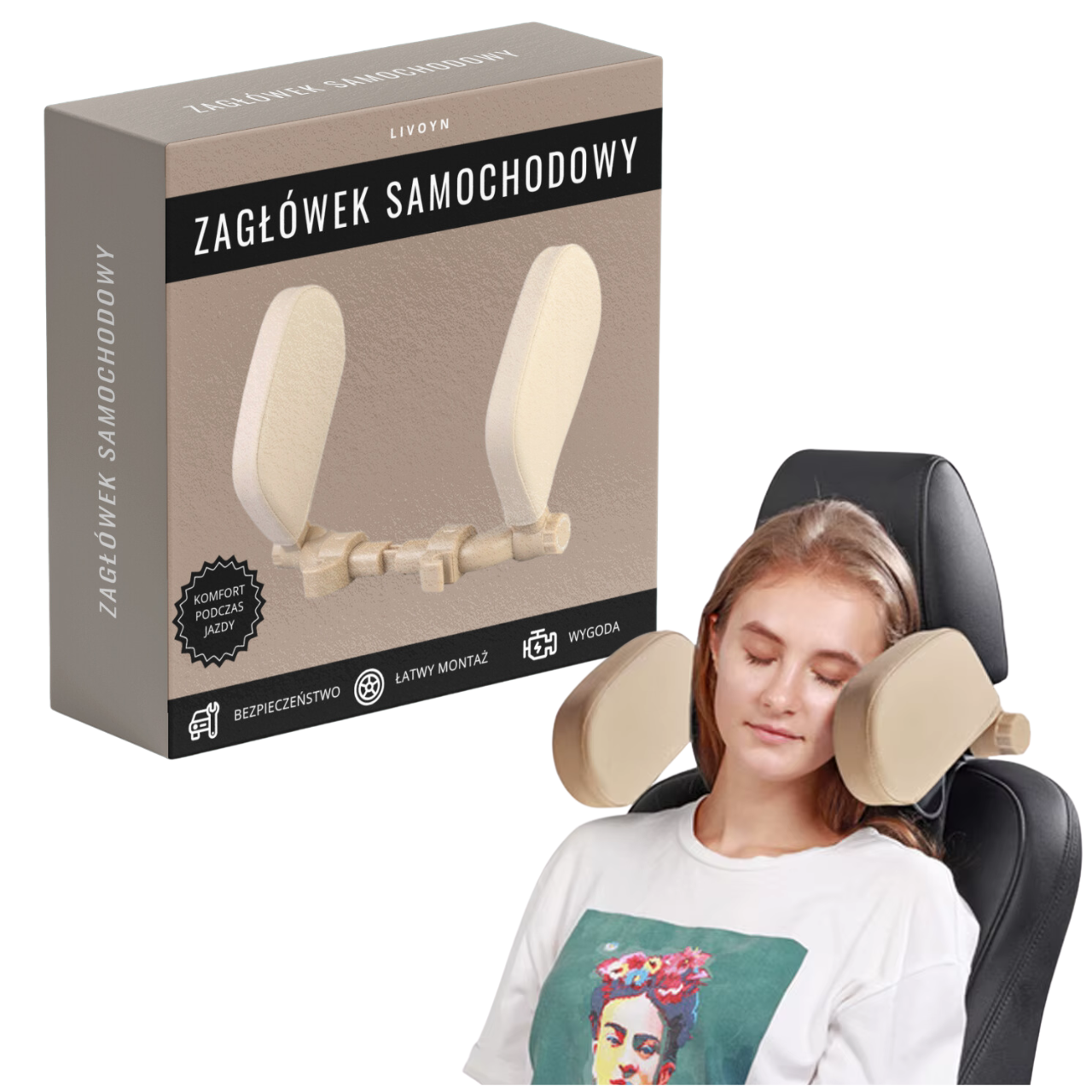 Opěrka hlavy do auta ergonomická cestovní polštář nastavitelná výška pohodlná komfortní bežová